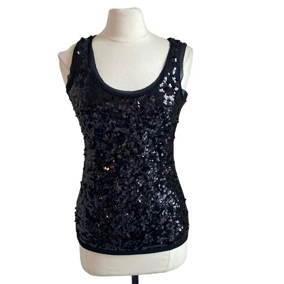 LOFT Tank Womens Sz Small Black Sequin Stretch Cocktail Party New Years Disco - Picture 1 of 8